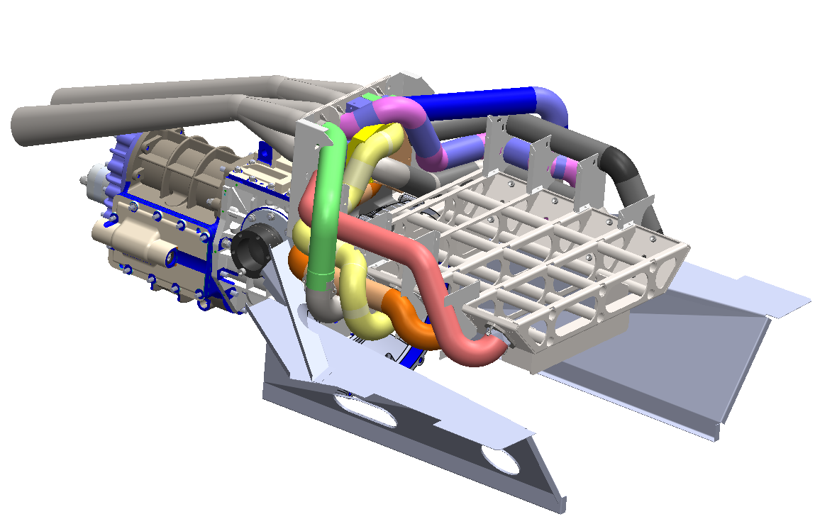 CAD assembly of the GT40 driveline: equal-length headers, transaxle, bellhousing adapter, and weld and sheet-metal fixtures