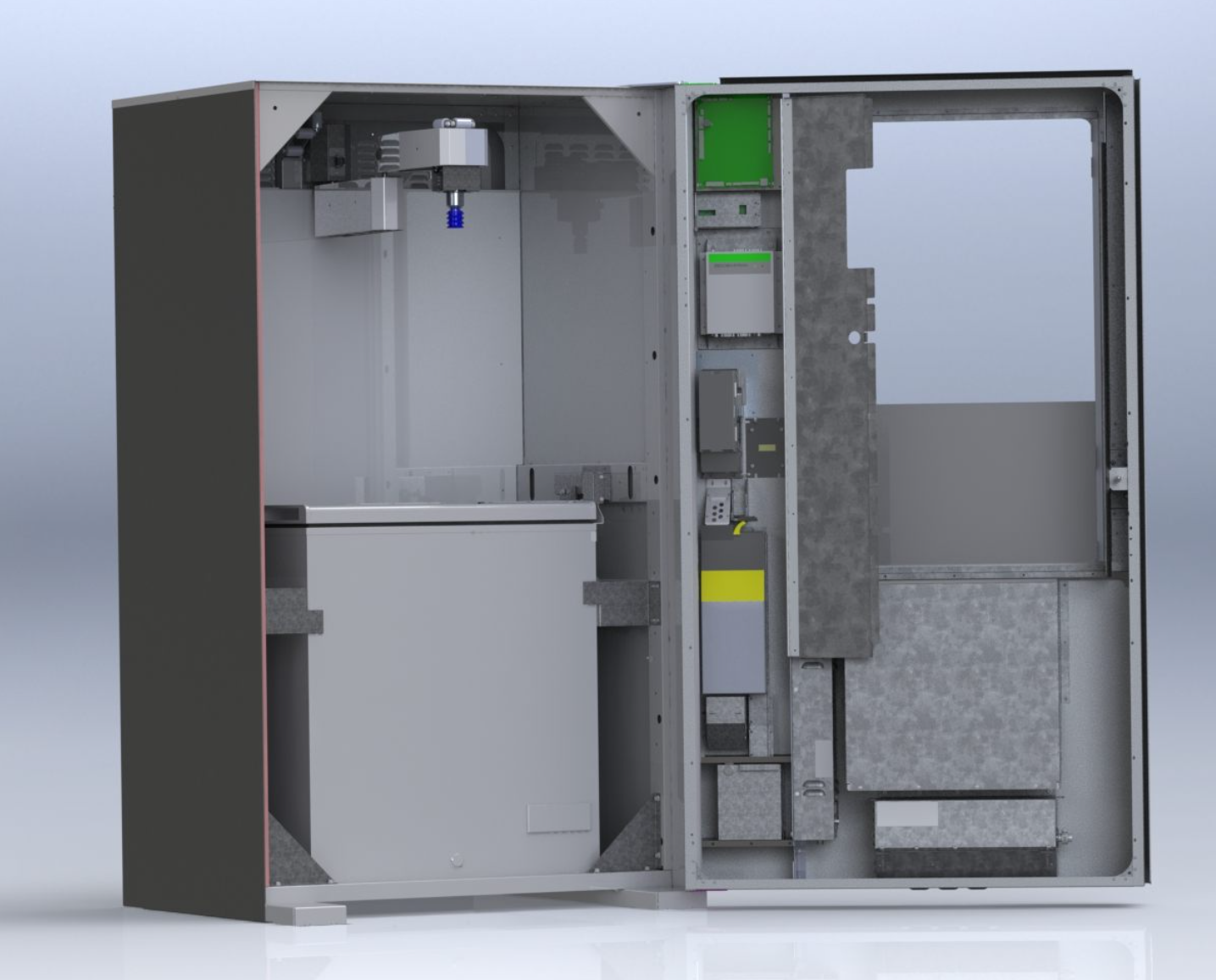 CAD assembly of a robotic retail vending machine with the cabinet open