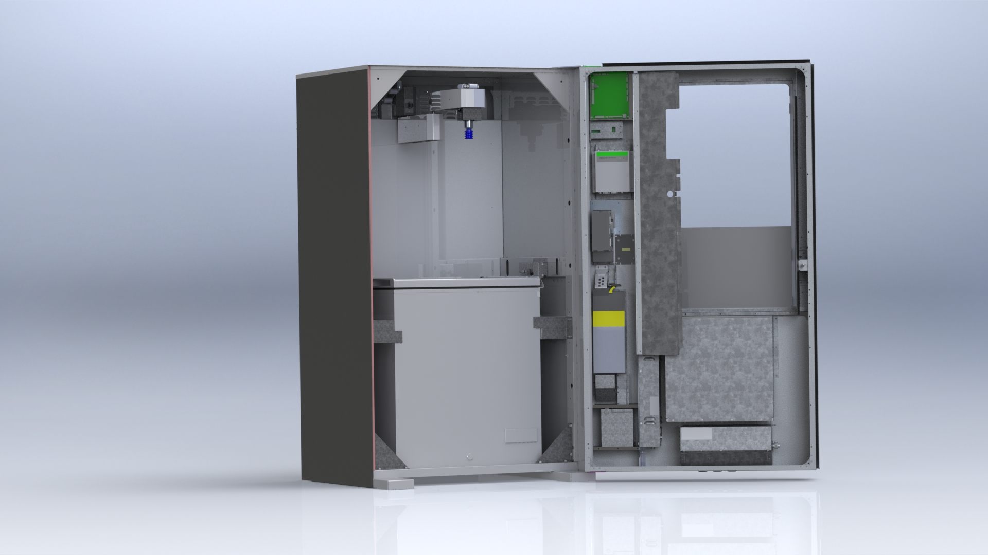 Full vending machine cabinet, opened to show the internal assemblies